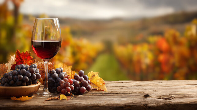 Autumn Wine Festivals, wine glass and grapes on wooden table, blurred vineyard in autumn colors background - Powered by Adobe
