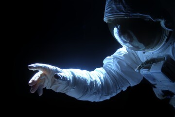 Close up of an astronaut reaching out in space with visible reflection in visor, concept for space exploration, futuristic projects and scientific discovery