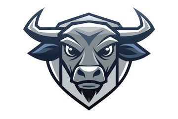 Determined silver bull head stares powerfully forward, featuring angular design and sharp horns