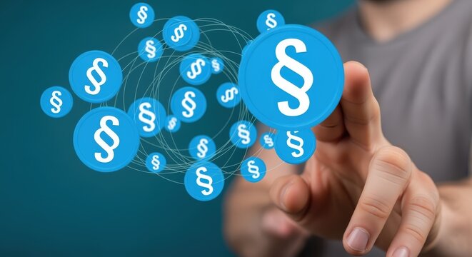 Legal Concept Visualization: Man Interacting with Floating Paragraph Symbols Representing Law and Justice