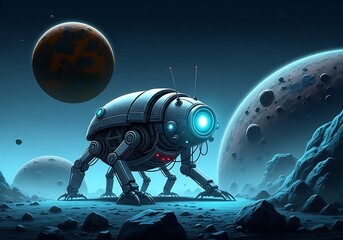 Obraz premium Futuristic Robot Explorer on Alien Planet with Distant Planets and Rocky Terrain
