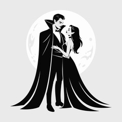 A single vector silhouette of a Vampire Couple in a dramatic Halloween style 