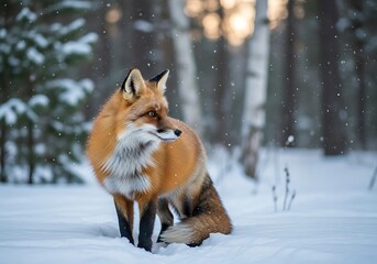 Obraz premium Red Fox Portrait in Snowy Winter Forest, Looking Left, Snowflakes Falling