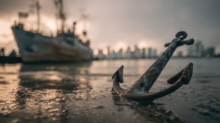 Fototapeta premium Rusty Anchor Foreground, Ship on Water, City Skyline Background, Moody Maritime Theme