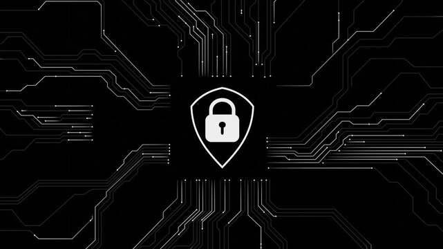 Cybersecurity Lock Icon on Shield with Abstract Circuit Board Lines. For Digital Data Protection, Network Security,  Online Privacy Technology. Seamless loop. Created using non-AI 3d software
