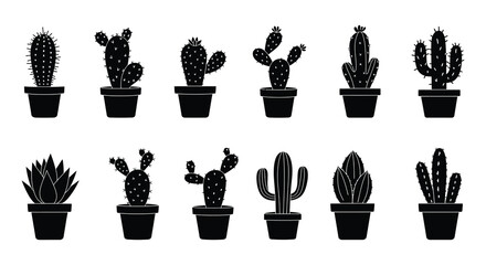 Set of Black Silhouette Cactus Plants in Pots on White Background