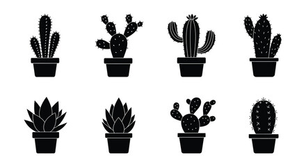 Collection of different cacti in pots black and white vector illustration