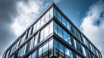 Modern Office Building Exterior with Glass Windows Reflecting Cloudy Sky, Architecture and Urban Landscape