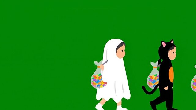 Three children in Halloween costumes walk with candy bags on a green background