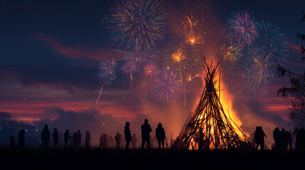Guy Fawkes / Bonfire Night prep events, silhouette of bonfire against twilight sky, blurred fireworks in background