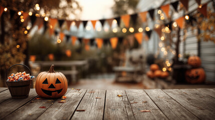 Halloween events carved pumpkin and candy bucket on wooden porch, blurred spooky decorations in background