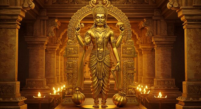 Majestic golden deity statue in ornate temple hall with flickering oil lamps creating warm ambiance