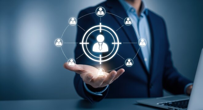 Person in Suit Holding Hologram of Target Audience Network for Marketing and Business Growth