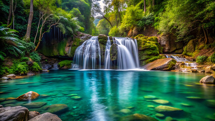 A small waterfall cascading into a crystal clear pool in lush forest