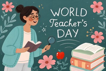 Happy world teacher s day with a smiling teacher and books