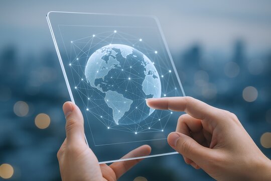 Digital World Connection on Transparent Tablet: Global Technology, Networking, and Futuristic Communication Concept - Powered by Adobe