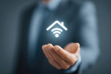 A hand holding a glowing home icon with wifi symbol, suggesting smart home technology