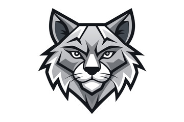 Cartoon bobcat head with intense eyes displays monochrome gray tones and pointed fur