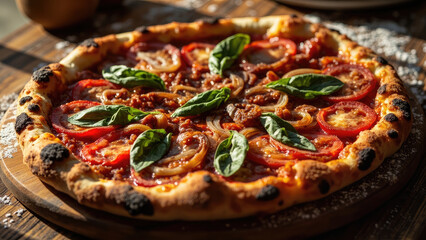 Freshly baked pizza with tomato slices basil leaves and onions on a wooden serving board with a rustic aesthetic and warm lighting