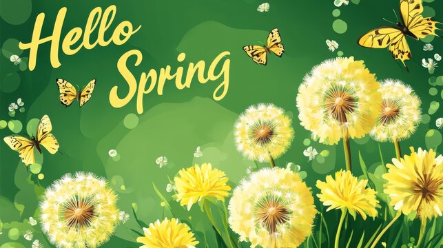 Fototapeta spring greeting card dandelions and butterflies background