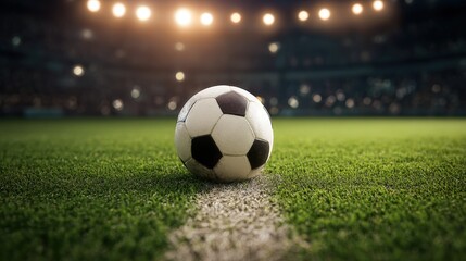 Fototapeta premium Soccer Ball on Field with Stadium Background: Competitive Sports and Game Day Excitement
