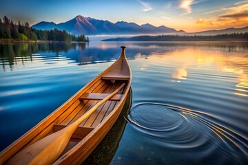 Obraz premium Canoe on Still Lake at Sunset with Mountains in Background