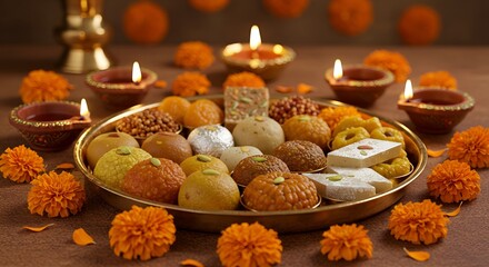 Fototapeta premium Vibrant Indian sweets and diyas create a festive, warm celebration ambiance