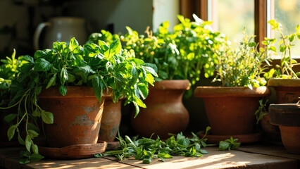 Herb garden with various potted plants including basil and rosemary in terracotta pots on a wooden surface near a window