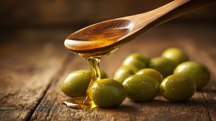 Olive Oil Drizzling from a Wooden Spoon onto Fresh Green Olives Displayed on Rustic Wood