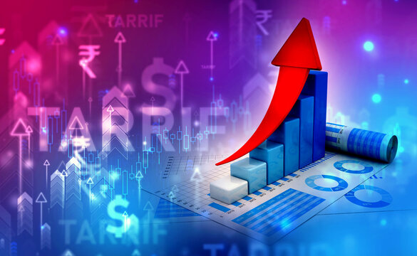 Tariff background of India and USA. 3d rendering business graph and documents, Indian Rupee and Dollar symbol on financial Background