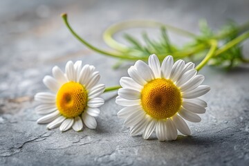 Fototapeta premium Two White Daisy Flowers on a Textured Gray Background Close Up