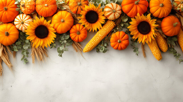 St Andrews Harvest Festival events, arrangement of pumpkins, corn, and sunflowers
