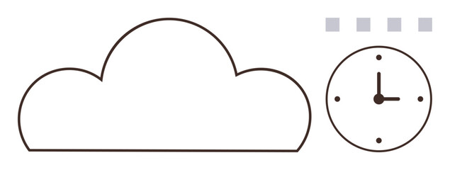 Cloud outline next to clock and square elements illustrating synchronization, time efficiency, data storage, and modern digital concepts. Ideal for technology, productivity, planning, cloud