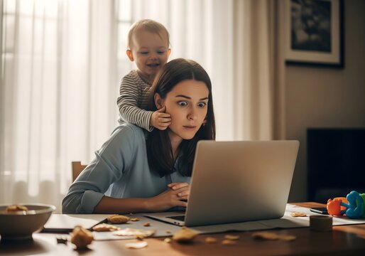 Shocked mother working on laptop distracted by playful child at home