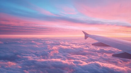 Aerial View of Airplane Wing and Beautiful Sky with Pink and Blue Clouds at Sunset