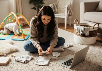 Modern mother multitasking, folding clothes with baby at home.
