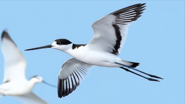 Pied avocet in flight, blue sky, flock background. Nature wildlife