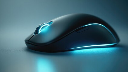 Sleek,  light-blue-lit computer mouse