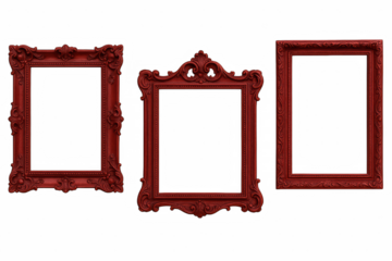 Collection of Ornate Red Decorative Picture Frames with Intricate Carvings and Scrollwork, Isolated on Black