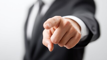 Fototapeta premium Business Professional Pointing Finger Directly at Viewer in Formal Attire Against a White Background