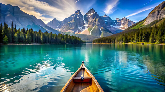 Canoe tip cutting through crystal blue lake water under clear sunny sky