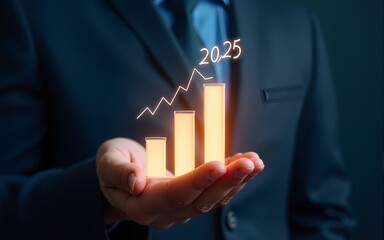Hand holding a glowing bar chart projecting growth up to 2025. Financial growth, business success, future projections. Trend analysis, market forecasting, corporate strategy. High quality