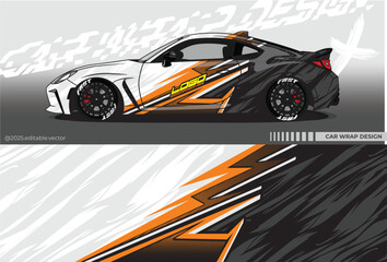 Illustration vector grahic of Car wrap decal with abstract lightning design. Black orange colour. Livery car editable. Mockup template sticker vinyl for racing, rally, or daily use.	