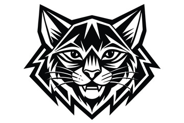 Bold black and white geometric cat face looks forward with sharp features isolated