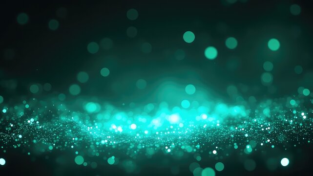 Abstract turquoise particles and bokeh lights floating, creating a dreamy, ethereal atmosphere with soft focus and glowing spots