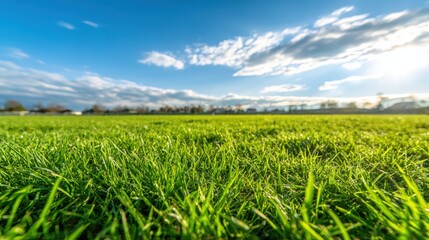 Obraz premium Vibrant Green Grass Field Under a Bright Blue Sky, Ideal for Landscape and Nature Backgrounds