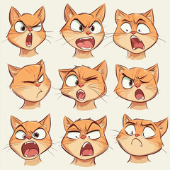 A collection of cartoon orange cat heads showing different facial expressions, including happy, angry, surprised, and playful. Perfect for comics, stickers, character design, and animation projects.