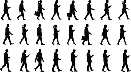 Obraz premium Silhouettes of business people walking with smartphones and briefcases, urban commuters in motion, corporate professionals in city street isolated vector illustration