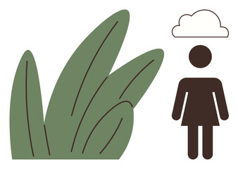 Human figure under a cloud with green leaves on the side, symbolizing nature, mental health, solitude, reflection, growth, sustainability, and environmental themes. Simple flat metaphor