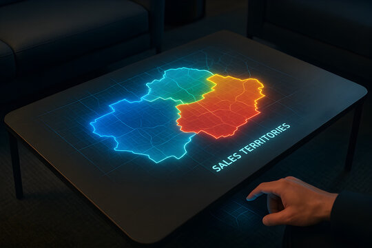 Business professional analyzing digital sales territories map on illuminated office table